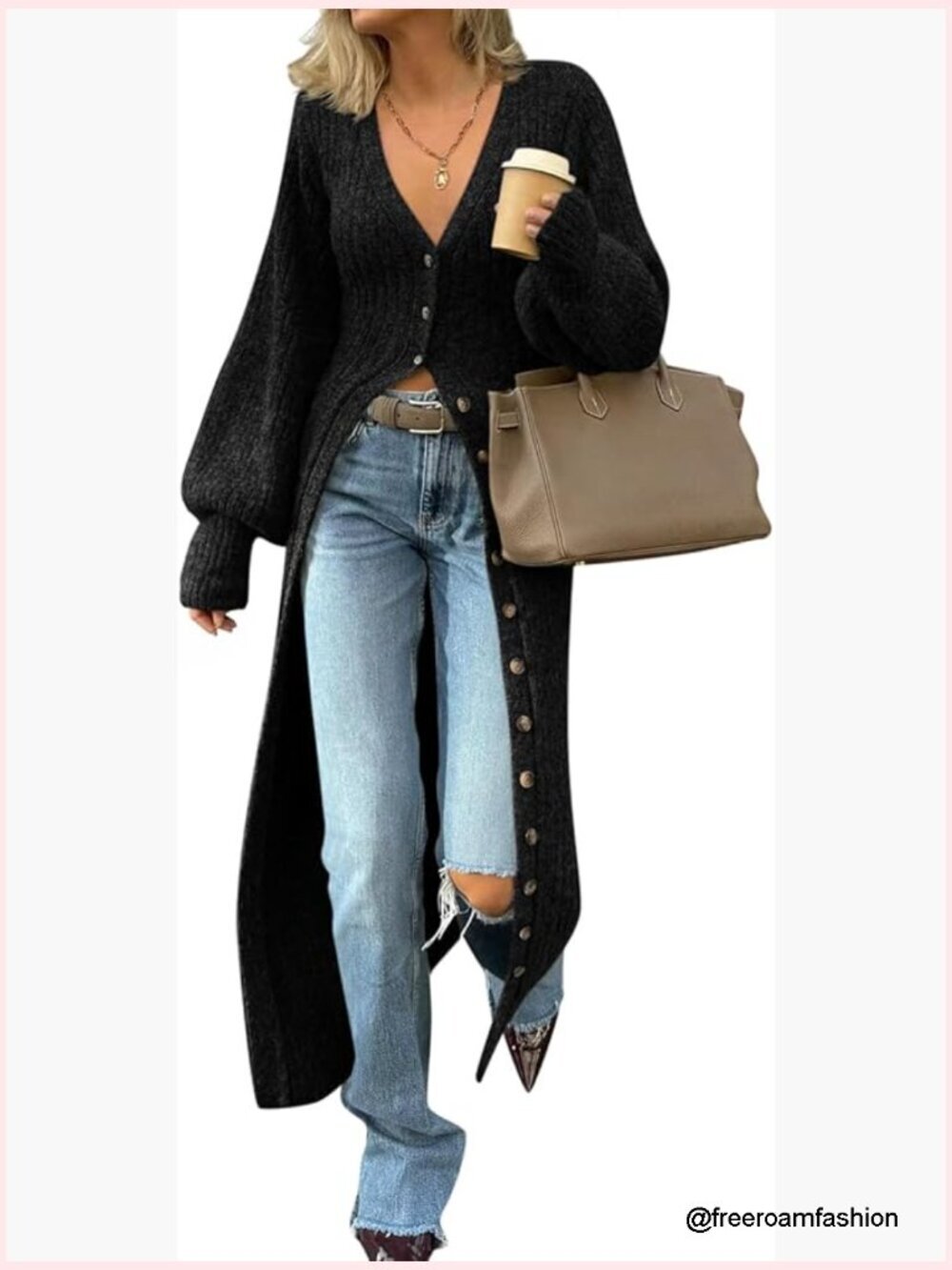 Chunky Knit V-Neck Button Down Maxi Sweater Cardigan Coat Duster